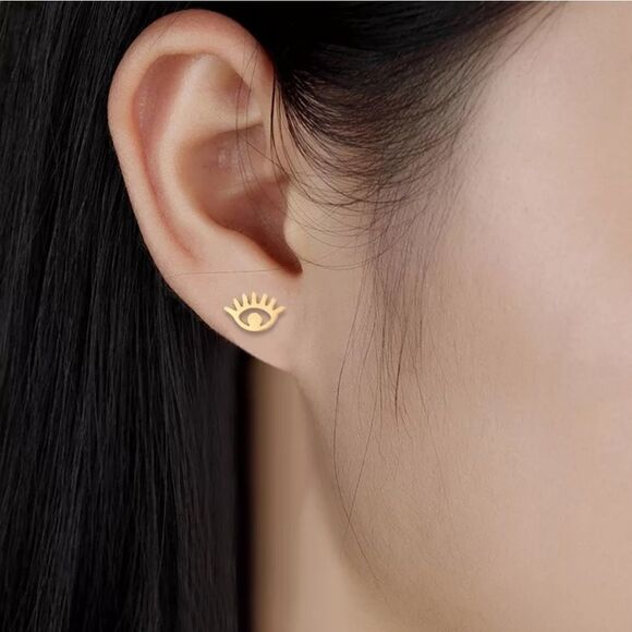 Dainty Silver Evil Eye Stud Earrings - Picture 4 of 4